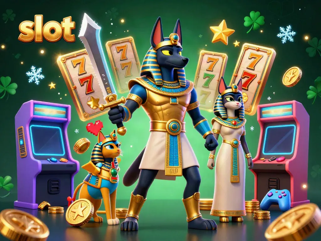 Engage with thrilling slot experiences via animated ancient Egyptian figures in a vibrant gaming scene.