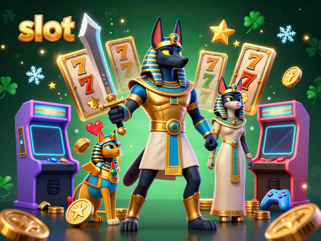 Engage with thrilling slot experiences via animated ancient Egyptian figures in a vibrant gaming scene.