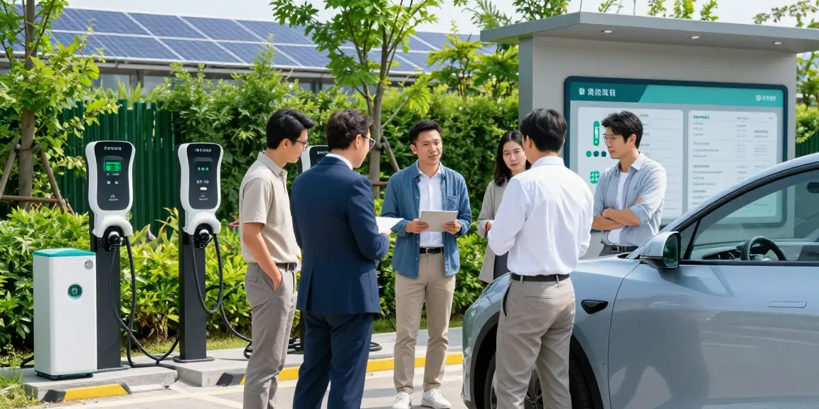 Young professionals exploring EV technology at a modern charging station.