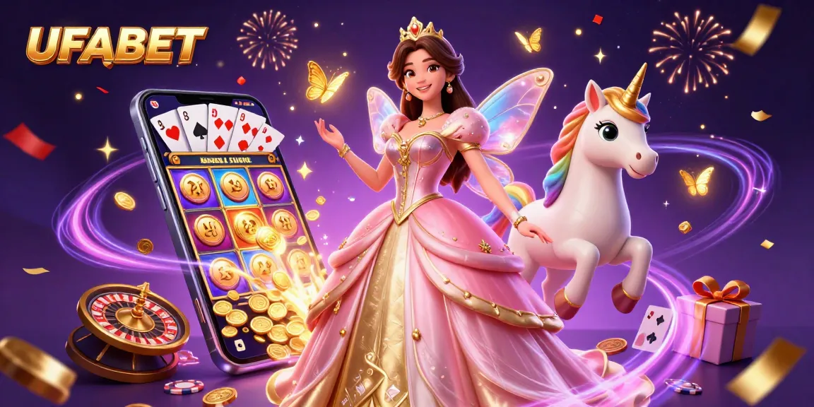 Spinning slot games and charming fairytale elements showcase UFABET's vibrant gambling world.