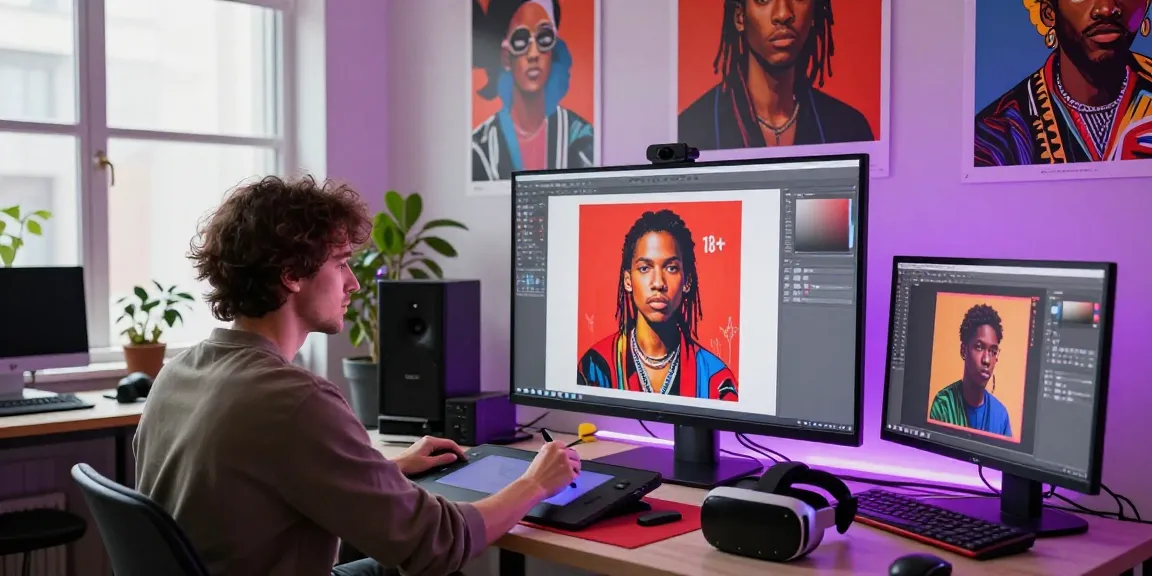 Artist creating captivating 18+ ai artwork in a vibrant studio