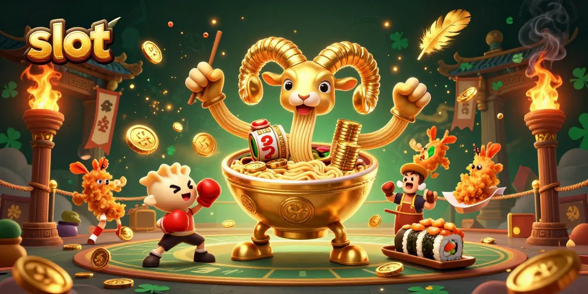 Engage in thrilling slot action with a vibrant 3D scene showcasing a giant ramen bowl dealer and colorful casino elements.