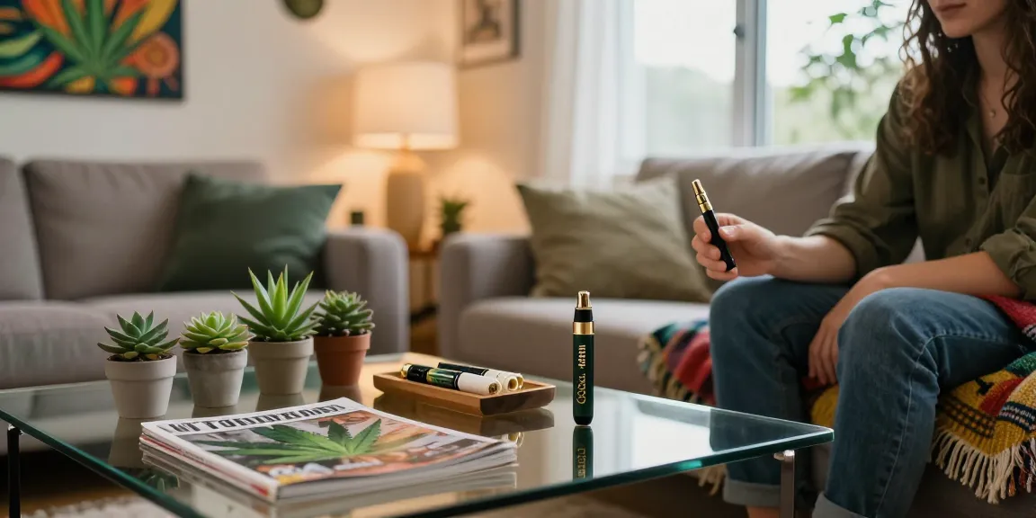 Chic living room with a person relaxing and using a thc pen amidst stylish decor.