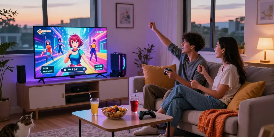 Couple enjoying a hentai game online in a cozy living room setup.