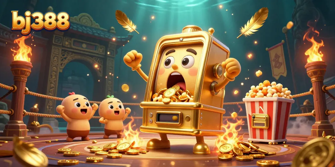 BJ388 showcases a Golden Slot Machine celebrating a jackpot in a vibrant casino scene.
