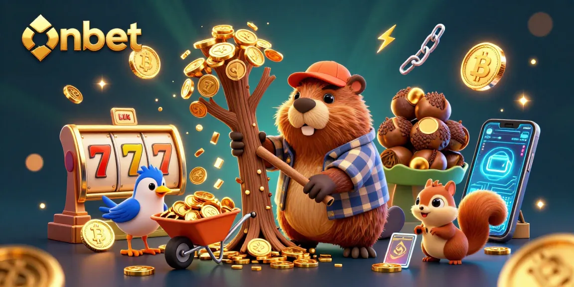 Experience thrilling slots as onbet with cartoon beaver collecting shining gold coins.
