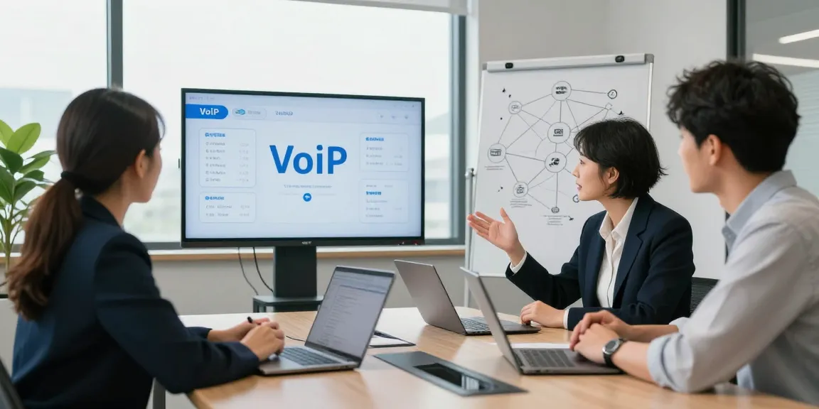 Team discussing a voip phone system for small business benefits in a modern office