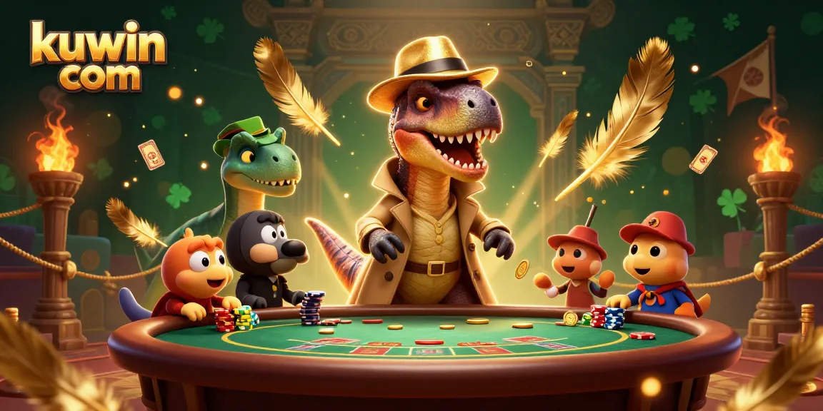 Experience excitement at kuwin com with a card-counting velociraptor at the blackjack table amid casino-themed chaos.