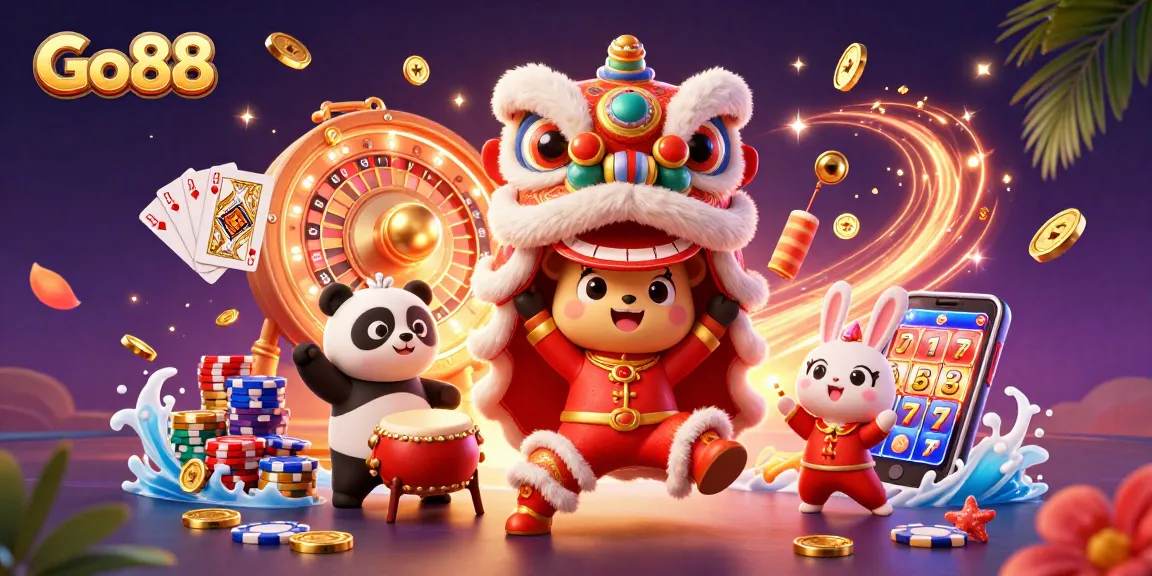 Experience the excitement of Go88 as cute characters celebrate with a dazzling lion dance amidst flying coins and festive decor.