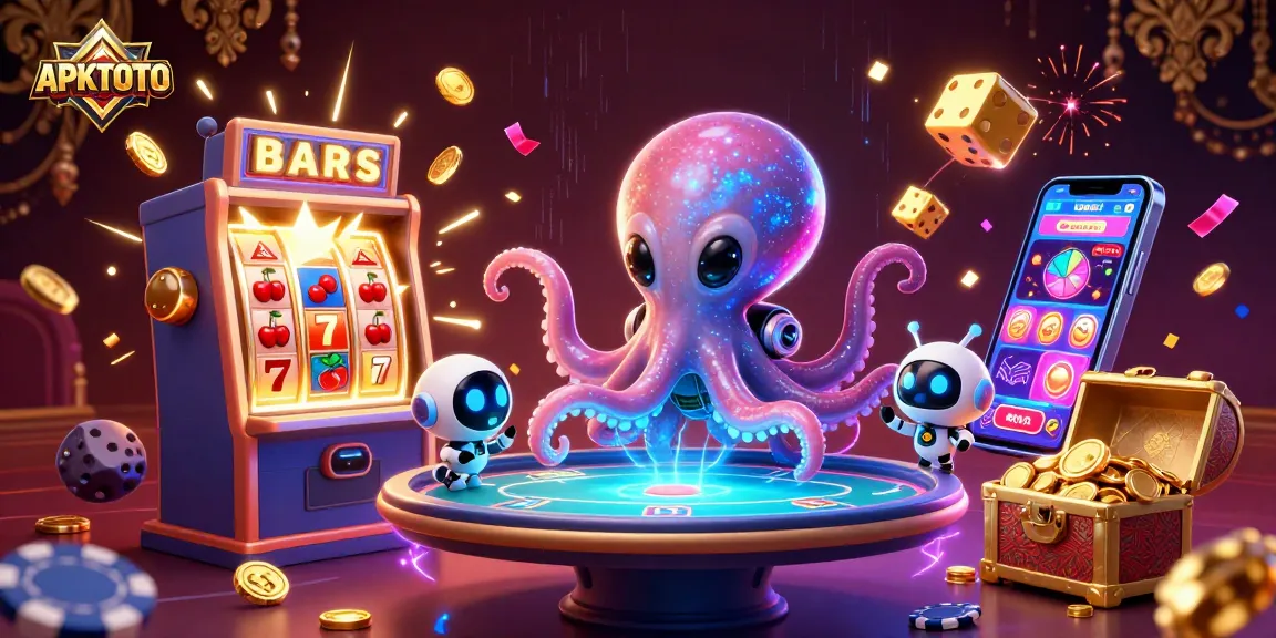 Menggali keseruan APKTOTO dengan alien bercelup, meja poker holografik, dan chip berputar.