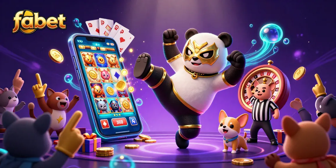 Fabet celebrates thrilling gaming with a panda wrestler kicking amidst vibrant casino elements.