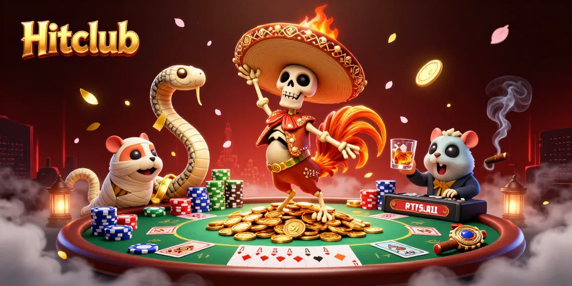 Hitclub players enjoy a victory dance amidst golden coins and poker excitement in a vibrant casino scene.