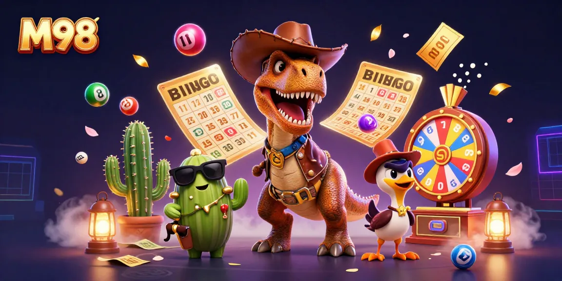 M98 enhances gaming strategies with a vibrant casino scene featuring a cartoon dinosaur and dynamic lottery elements.
