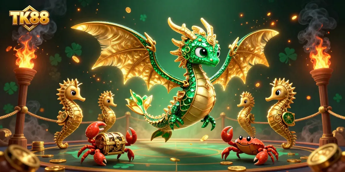 Engage in adventurous gaming fun at TK88 with an emerald sea dragon, vibrant treasures, and casino elements.