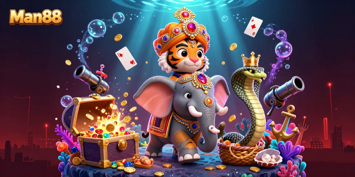 Man88's captivating casino scene showcasing a maharaja, elephant, and cobra amidst riches.