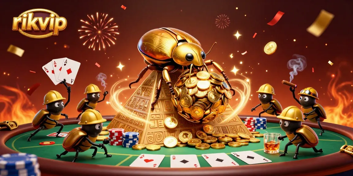 Engage in gaming excitement at rikvip with colorful poker elements and vibrant celebration effects.
