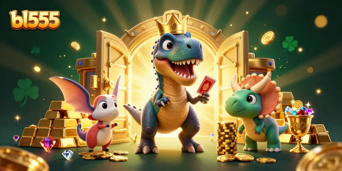 Experience the excitement at bl555 with friendly dinosaurs playing cards in a vibrant, treasure-filled scene.